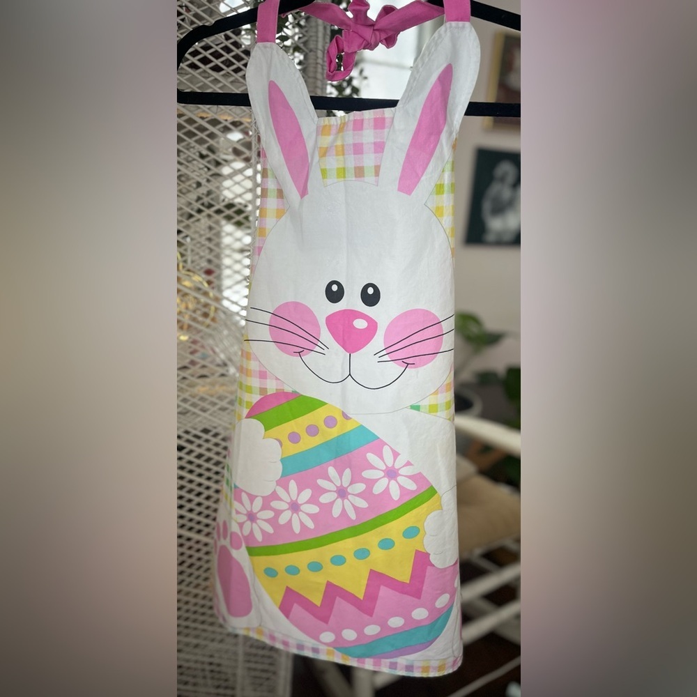 Handmade Cotton Colorful Easter Bunny Apron Springtime Cottagecore Pink Yellow